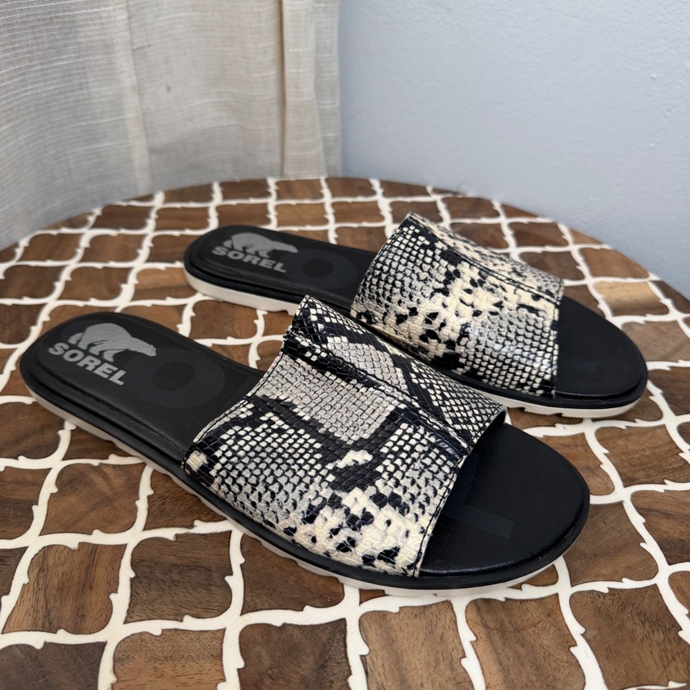 Sorel Ella II Block Slide Snakeskin Print Black White Sandal Women's Shoe Size 8